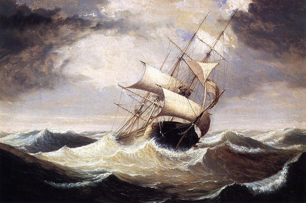 WikiOO.org - Encyclopedia of Fine Arts - Lukisan, Artwork Fitz Hugh Lane - Three-Master on a Rough Sea