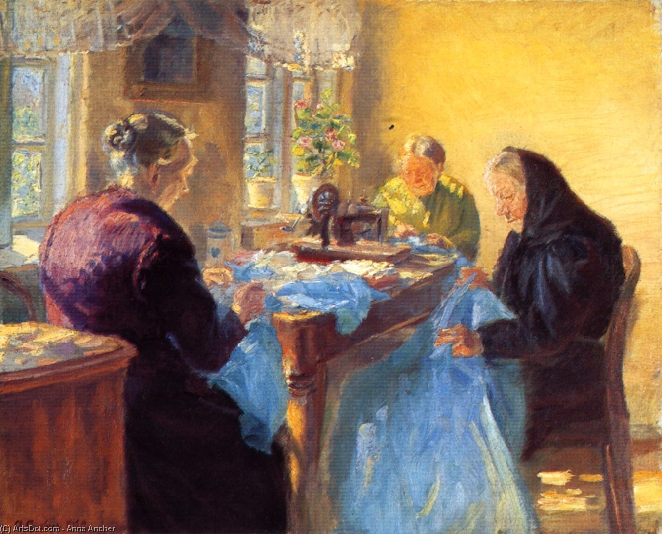 Wikoo.org - موسوعة الفنون الجميلة - اللوحة، العمل الفني Anna Kirstine Ancher - Three Old Seamstresses (also known as Sewing a Blue Gown for a Costume Ball)
