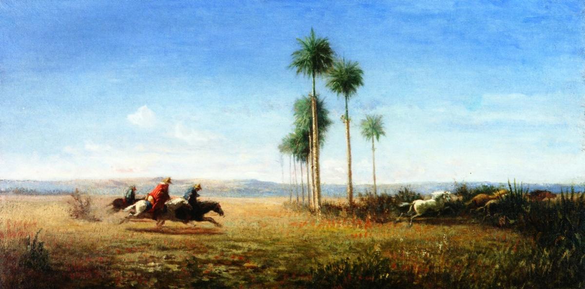 WikiOO.org - دایره المعارف هنرهای زیبا - نقاشی، آثار هنری Camille Pissarro - Three Riders and Horses Galloping on a Plain (Venezuela)