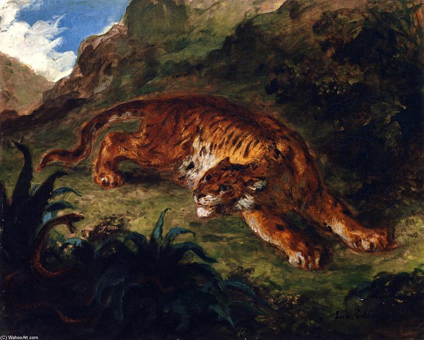 Wikioo.org - Bách khoa toàn thư về mỹ thuật - Vẽ tranh, Tác phẩm nghệ thuật Eugène Delacroix - Tiger Startled by a Snake