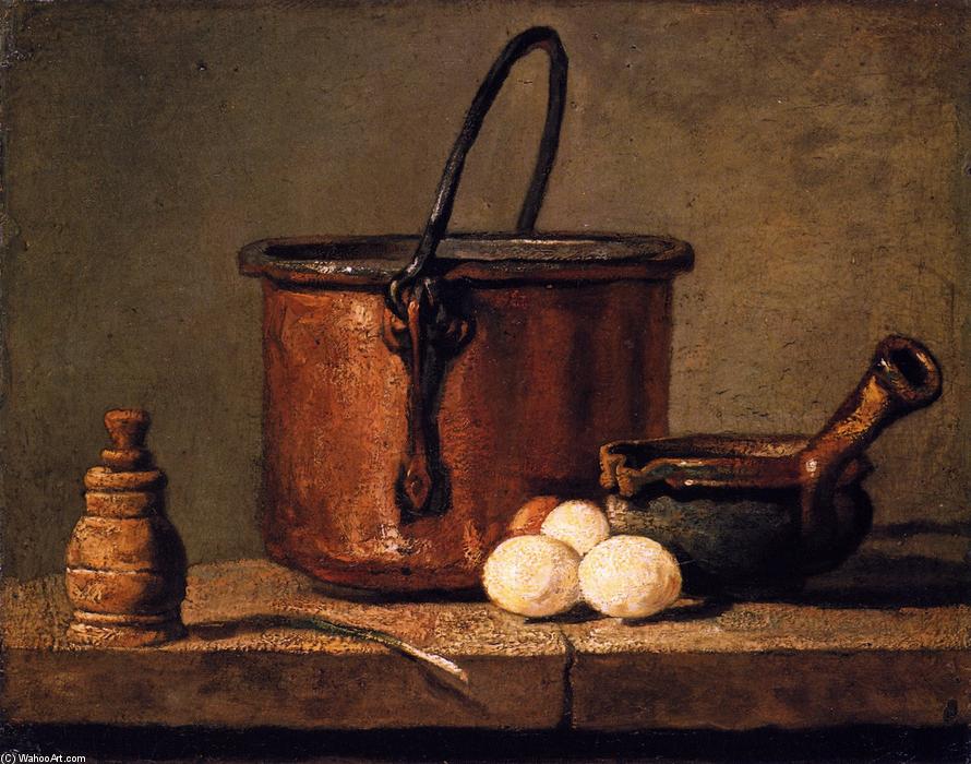 Wikioo.org - The Encyclopedia of Fine Arts - Painting, Artwork by Jean-Baptiste Simeon Chardin - Tinned Copper Pot, Pepper Box, Leek, Three Eggs and a Casserole