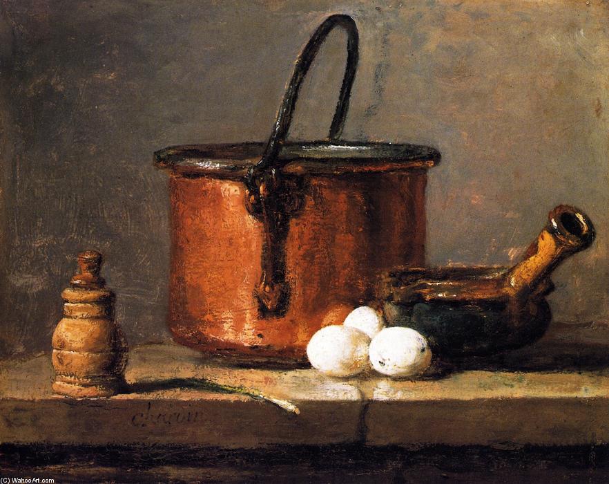 Wikioo.org - The Encyclopedia of Fine Arts - Painting, Artwork by Jean-Baptiste Simeon Chardin - Tinned Copper Pot, Pepper Box, Leek, Three Eggs and a Casserole