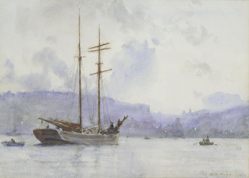 WikiOO.org - Encyclopedia of Fine Arts - Maleri, Artwork Henry Scott Tuke - A topsail schooner off a port at dusk