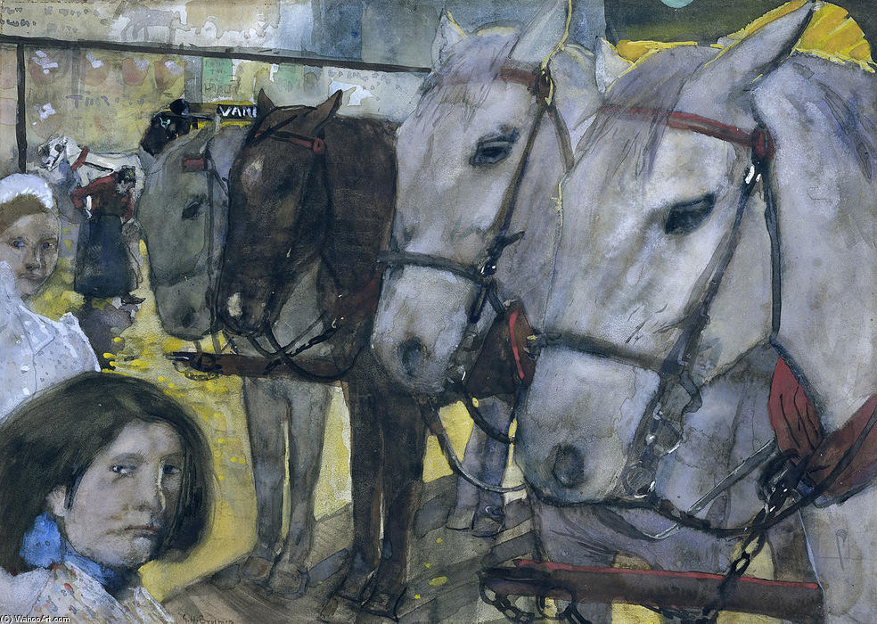 Wikioo.org - The Encyclopedia of Fine Arts - Painting, Artwork by George Hendrik Breitner - Tram Horses on Dam Square in Amsterdam