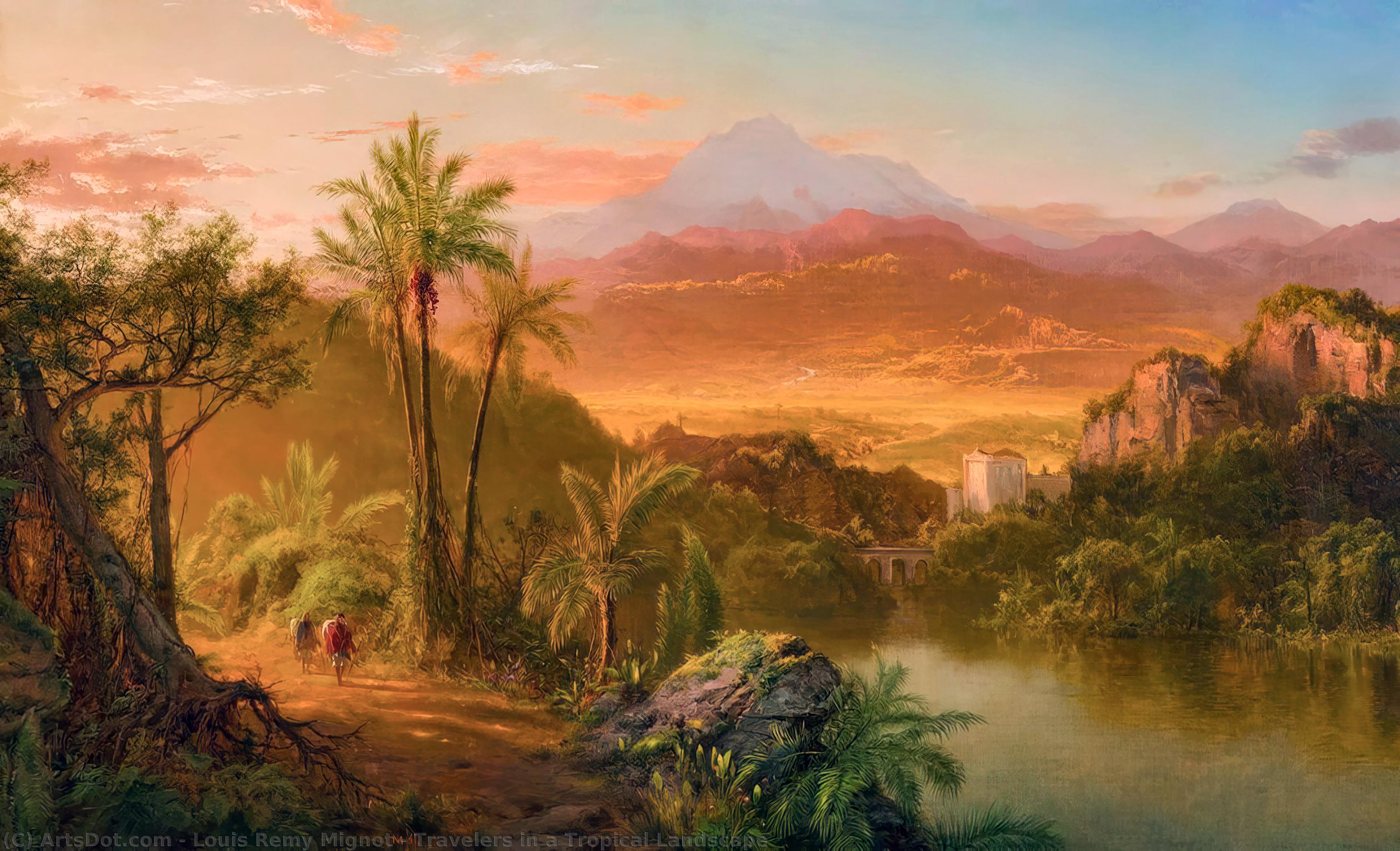 WikiOO.org – 美術百科全書 - 繪畫，作品 Louis Remy Mignot - 旅行者 在  一个  热带  风景