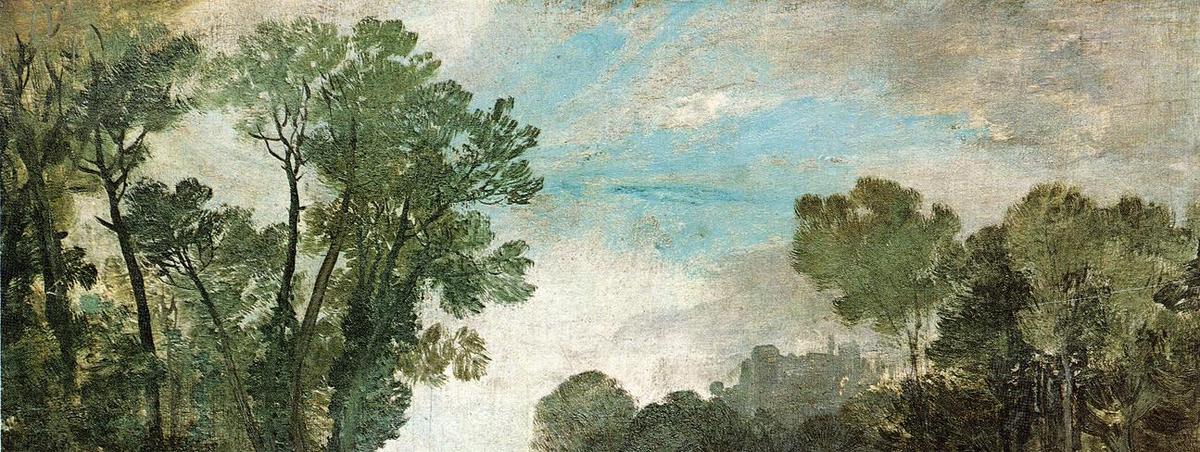 Wikioo.org – La Enciclopedia de las Bellas Artes - Pintura, Obras de arte de William Turner - copas de los árboles y el cielo , Guildford Castillo ( ? ) , Tarde