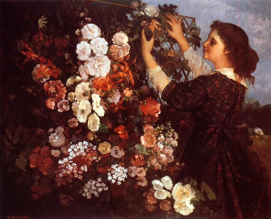 Wikioo.org - The Encyclopedia of Fine Arts - Painting, Artwork by Gustave Courbet - The Trellis (also known as Young Woman Arranging Flowers)