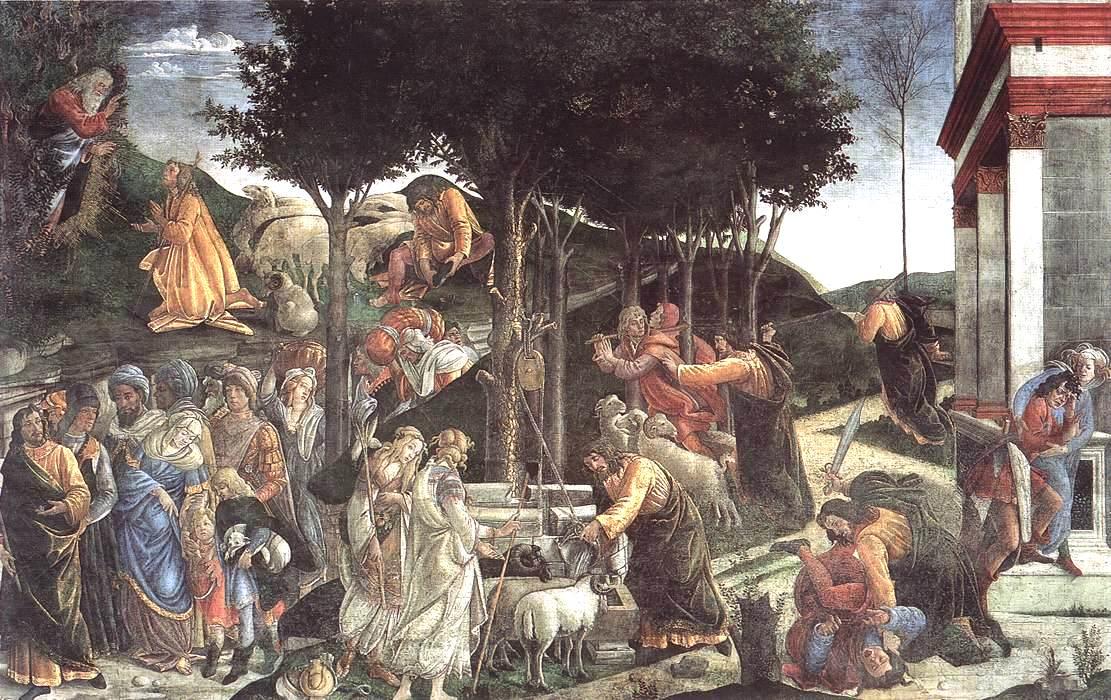 Wikioo.org – La Enciclopedia de las Bellas Artes - Pintura, Obras de arte de Sandro Botticelli - los ensayos y el llamamiento de moisés ( cappella sistina , El vaticano )