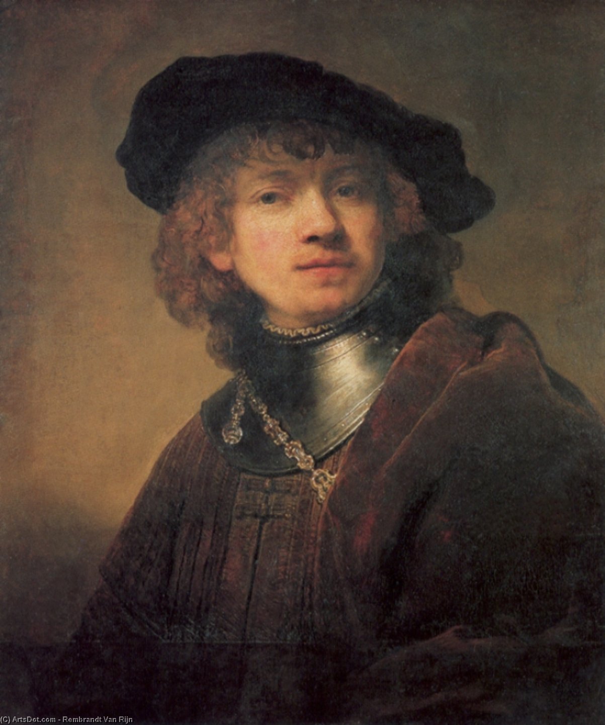 Wikioo.org - The Encyclopedia of Fine Arts - Painting, Artwork by Rembrandt Van Rijn - Tronie of a Young man with Gorget and Beret (previously regarded as a self portrait)