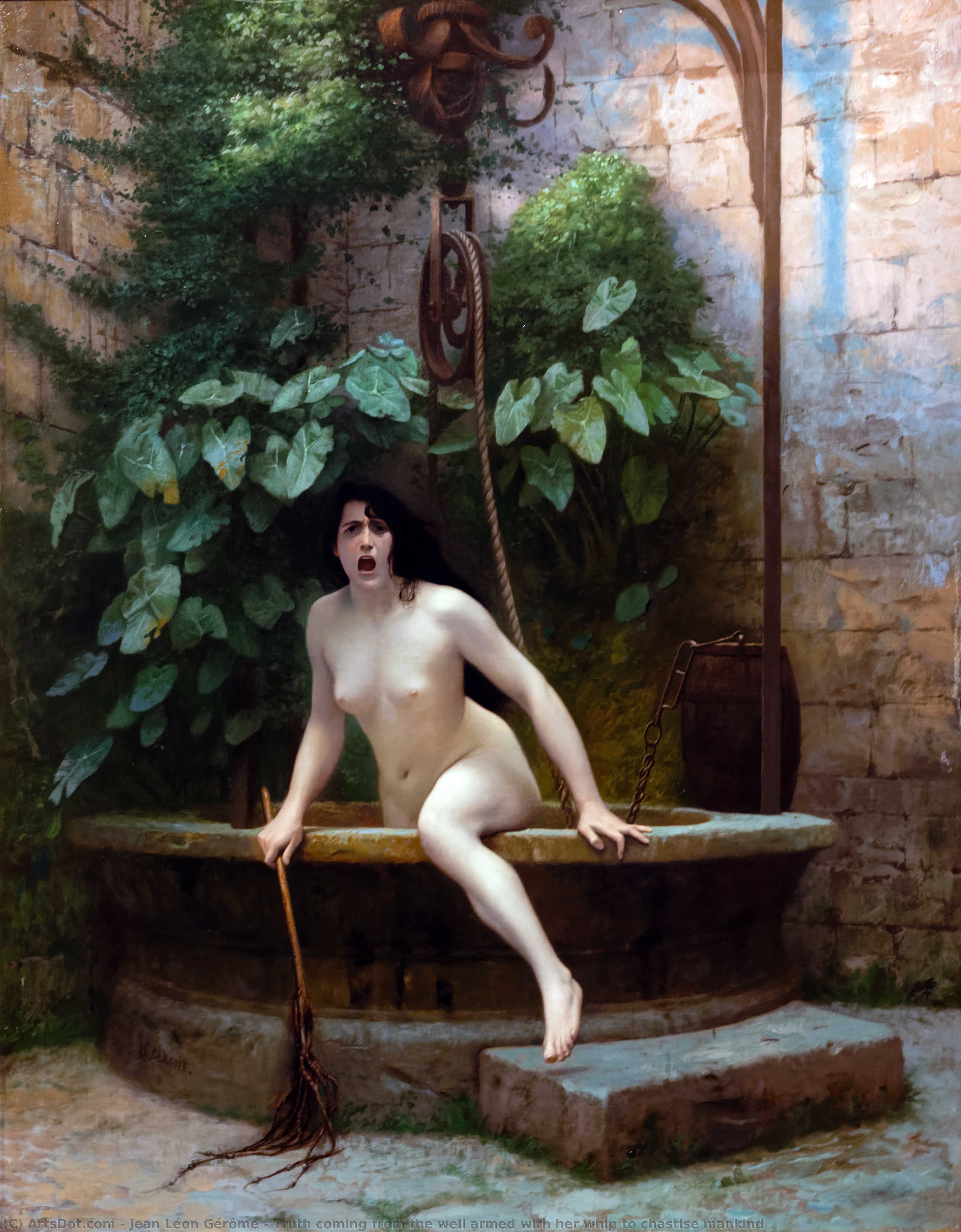 Wikioo.org - The Encyclopedia of Fine Arts - Painting, Artwork by Jean Léon Gérôme - Truth coming from the well armed with her whip to chastise mankind
