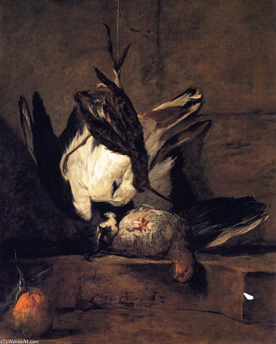 Wikioo.org - The Encyclopedia of Fine Arts - Painting, Artwork by Jean-Baptiste Simeon Chardin - Tufted Lapwing, Grey Partridge, Snipe and Seville Orange