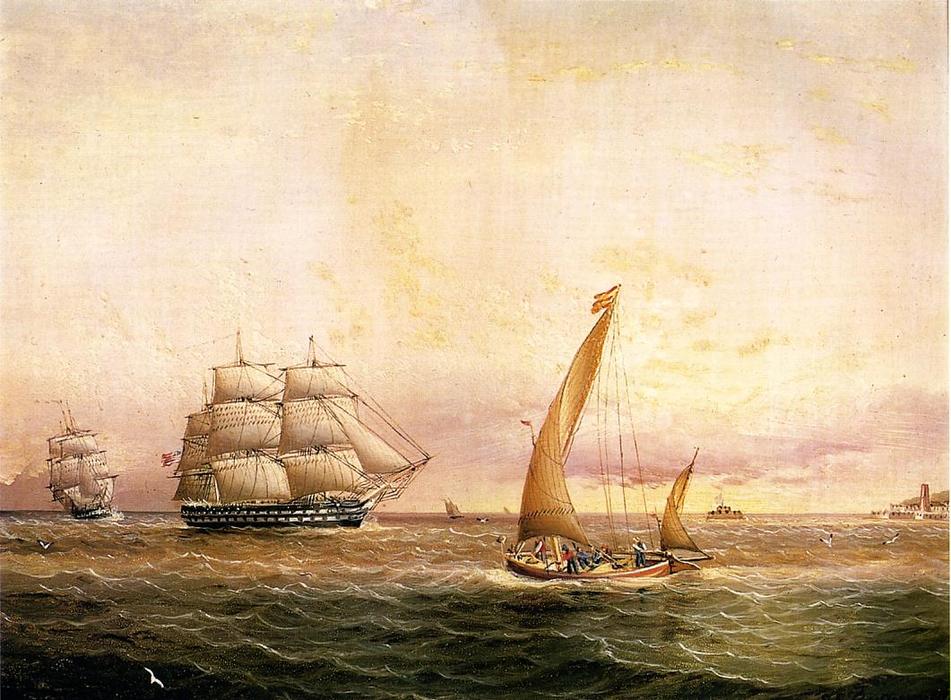 WikiOO.org - אנציקלופדיה לאמנויות יפות - ציור, יצירות אמנות James Edward Buttersworth - Two American Naval Vessels Entering Harbor