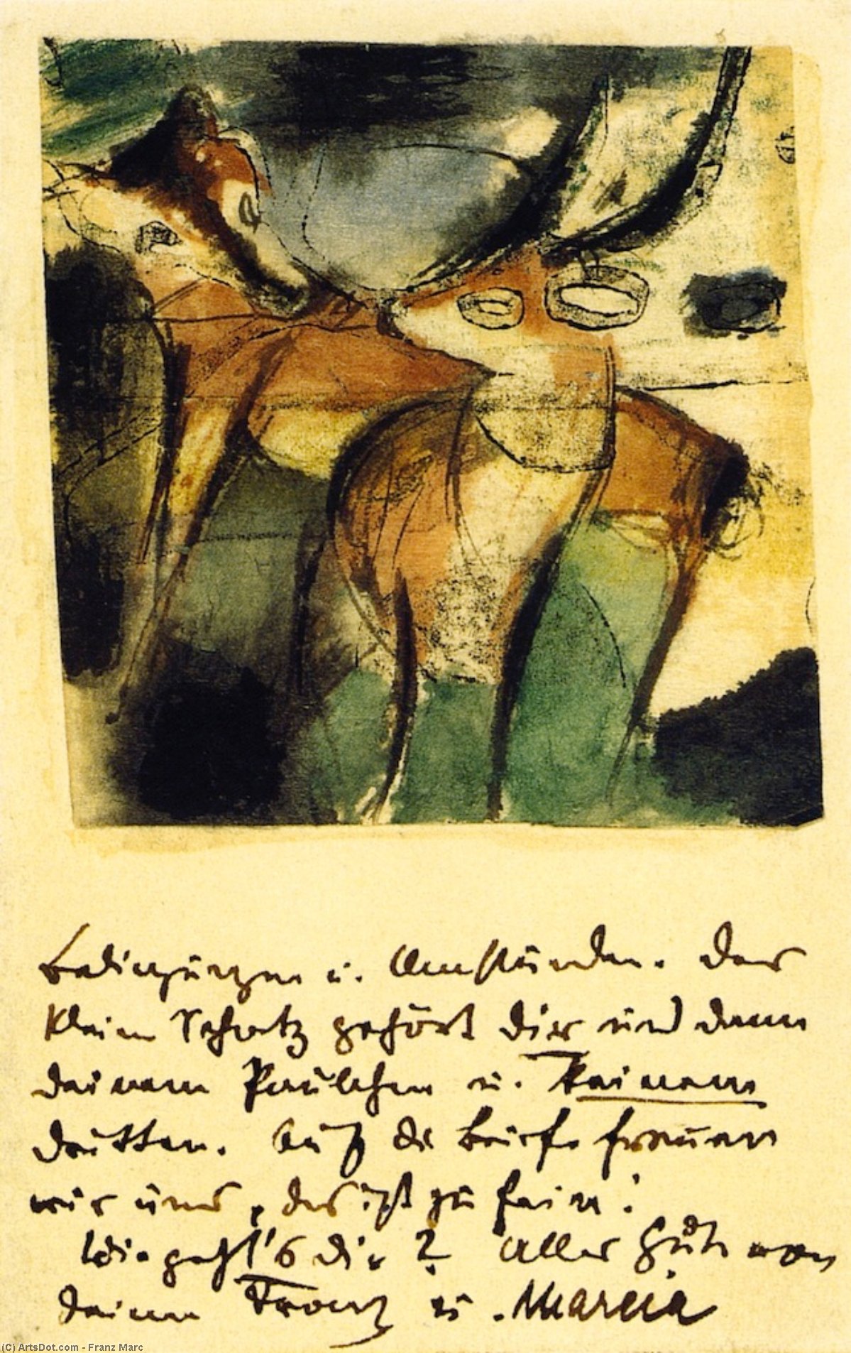 Wikioo.org – L'Enciclopedia delle Belle Arti - Pittura, Opere di Franz Marc - due animali  anche  nota  come  Gazzella  e le  Volpe