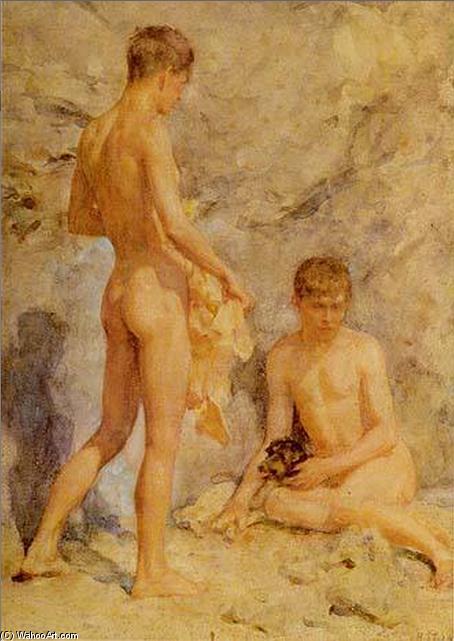 Wikioo.org - The Encyclopedia of Fine Arts - Painting, Artwork by Henry Scott Tuke - Two boys and a dog