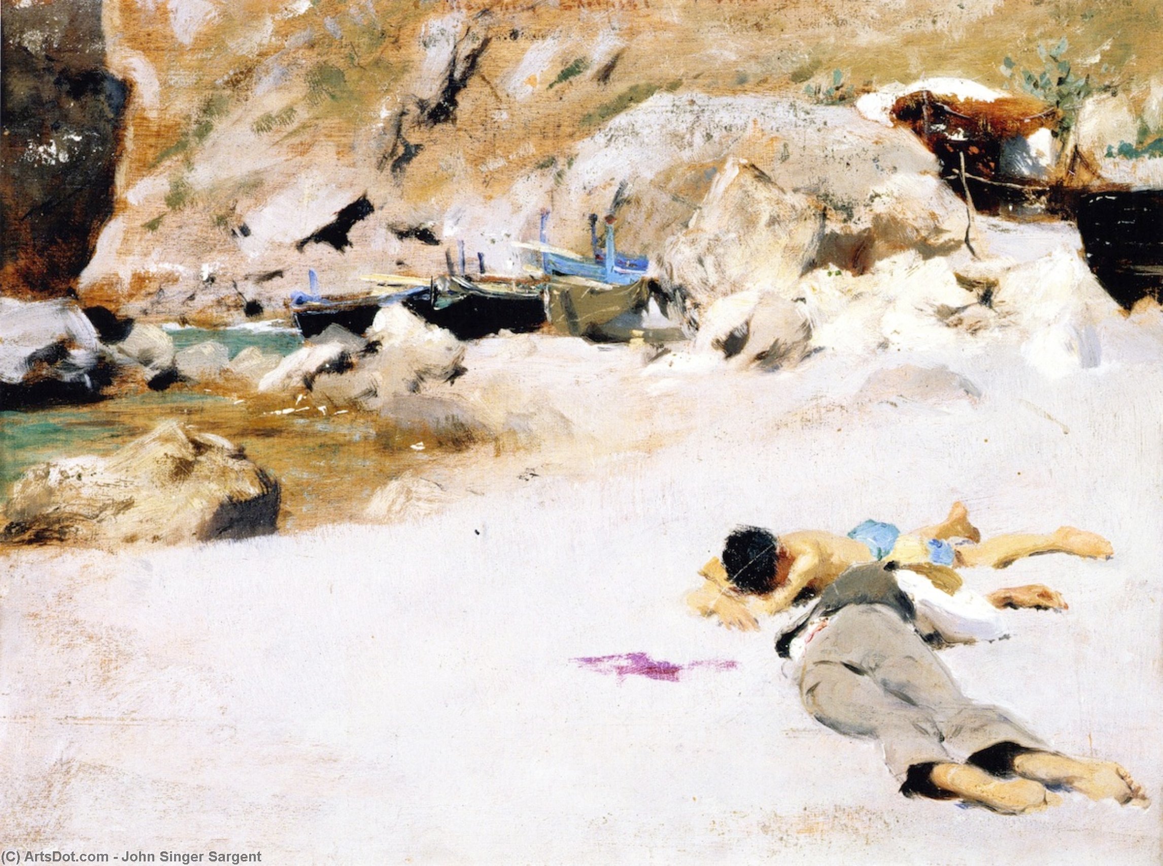 Wikioo.org - The Encyclopedia of Fine Arts - Painting, Artwork by John Singer Sargent - Two Boys on a Beach with Boats