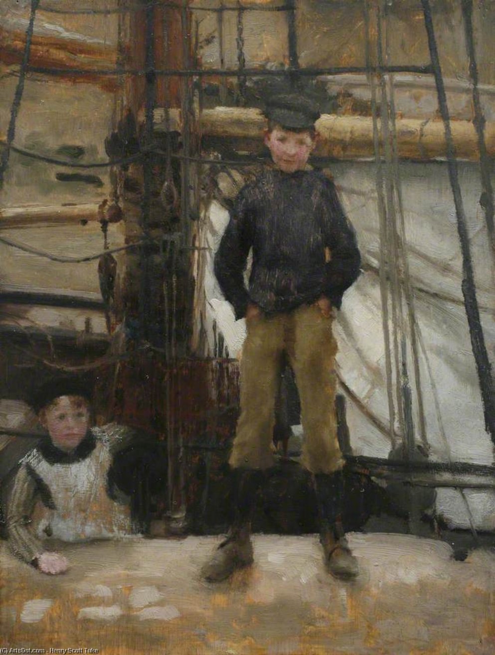 WikiOO.org - Encyclopedia of Fine Arts - Lukisan, Artwork Henry Scott Tuke - Two Children on Deck