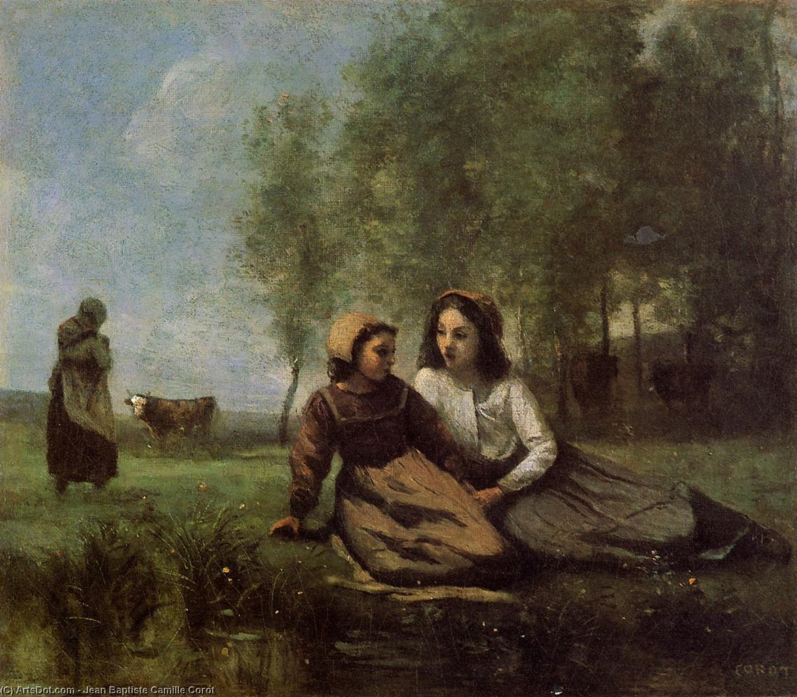WikiOO.org - Encyclopedia of Fine Arts - Maleri, Artwork Jean Baptiste Camille Corot - Two Cowherds in a Meadow by the Water