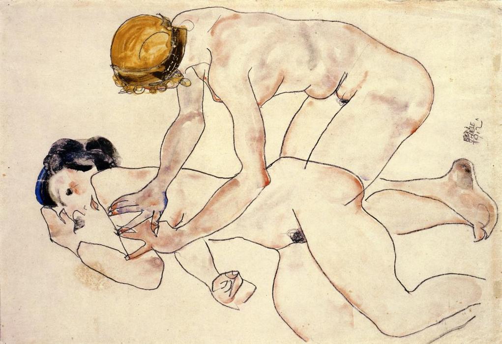 Wikioo.org - The Encyclopedia of Fine Arts - Painting, Artwork by Egon Schiele - Two Female Nudes, One Reclining, One Kneeling (also known as The Friends)