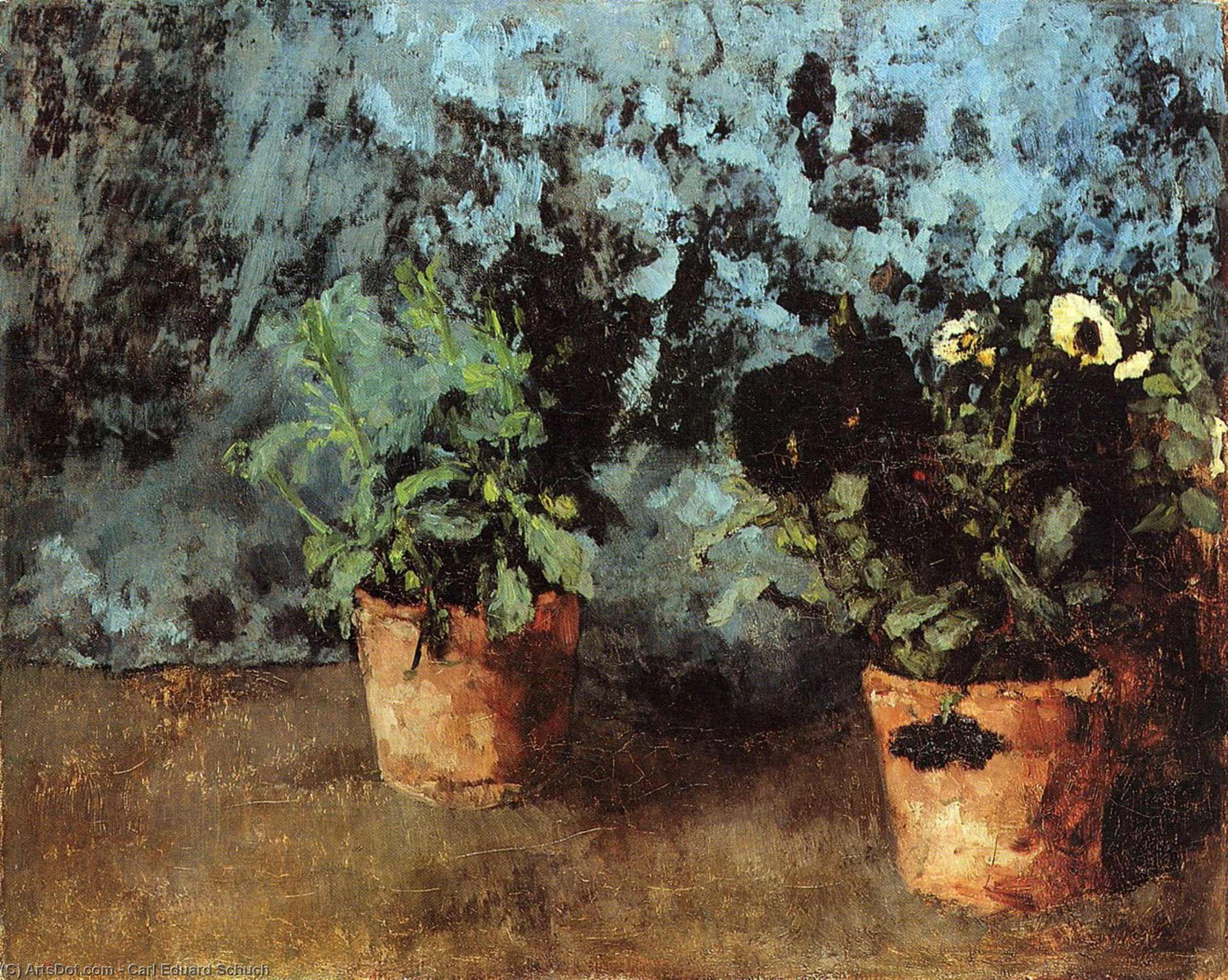 Wikioo.org - The Encyclopedia of Fine Arts - Painting, Artwork by Carl Eduard Schuch - Two Flower Pots with Pansies