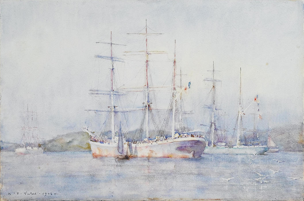 Wikioo.org - The Encyclopedia of Fine Arts - Painting, Artwork by Henry Scott Tuke - Two French barques at their anchorage in Carrick Roads