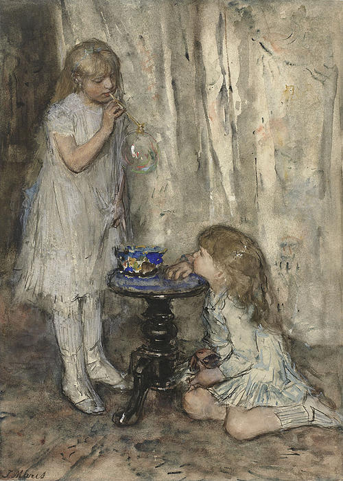 Wikioo.org - The Encyclopedia of Fine Arts - Painting, Artwork by Jacob Henricus Maris - Two Girls, Daughters of the Artist, Blowing Bubbles