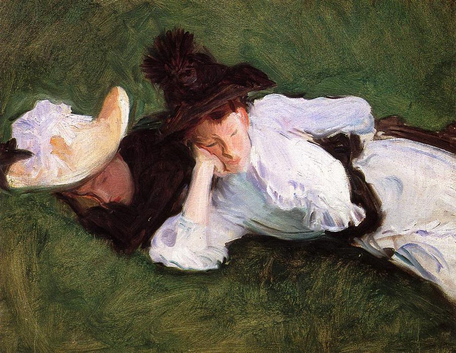 Wikioo.org - Encyklopedia Sztuk Pięknych - Malarstwo, Grafika John Singer Sargent - Two Girls Lying on the Grass (also known as Two Girls on a Lawn)