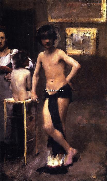 Wikioo.org - The Encyclopedia of Fine Arts - Painting, Artwork by John Singer Sargent - Two Nude Boys and a Woman in a Studio Interior