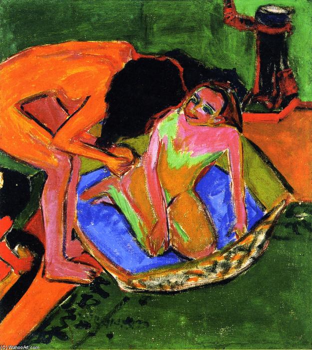 WikiOO.org - Encyclopedia of Fine Arts - Maleri, Artwork Ernst Ludwig Kirchner - Two Nudes with Bathtub and Oven