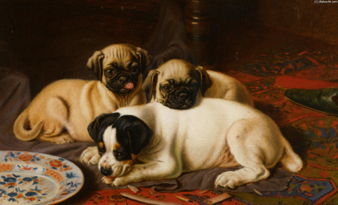 Wikioo.org - The Encyclopedia of Fine Arts - Painting, Artwork by Horatio Henry Couldery - Two pugs and a terrier