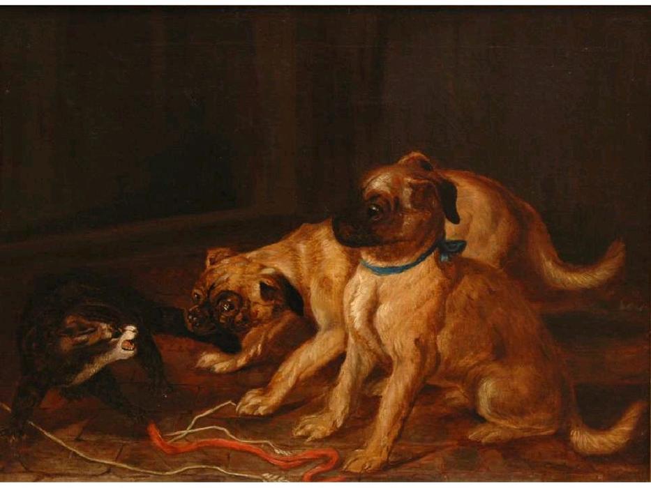 WikiOO.org - Encyclopedia of Fine Arts - Lukisan, Artwork Horatio Henry Couldery - Two pugs confronting a cat