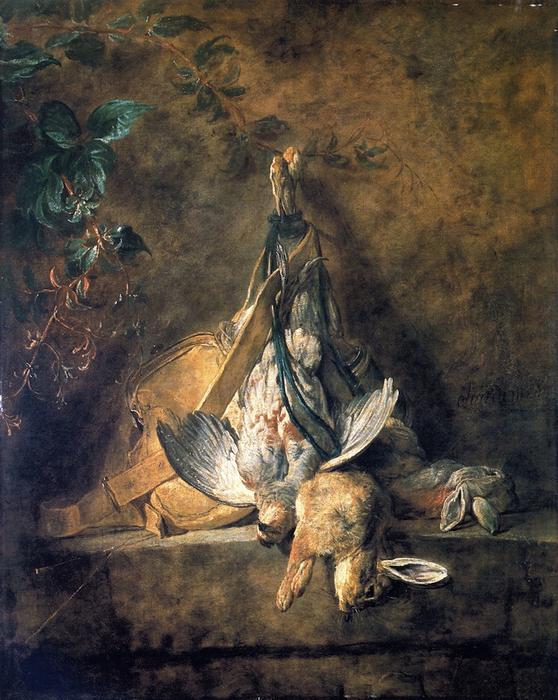 WikiOO.org - Encyclopedia of Fine Arts - Maalaus, taideteos Jean-Baptiste Simeon Chardin - Two Rabbits, a Grey Partridge, Game Bag and Powder Flask