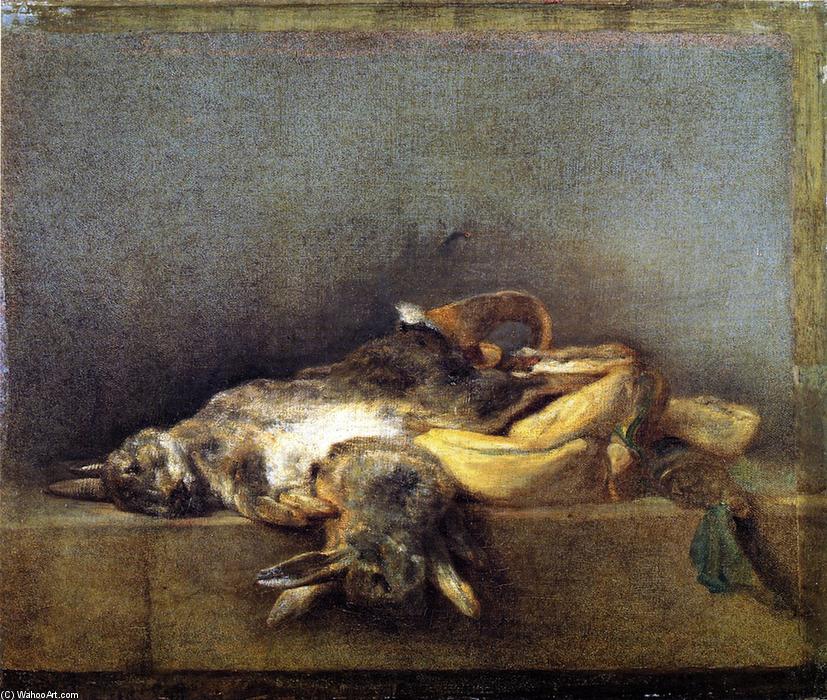 Wikioo.org – L'Enciclopedia delle Belle Arti - Pittura, Opere di Jean-Baptiste Simeon Chardin - Due conigli con il sacchetto del gioco e Powder Flask