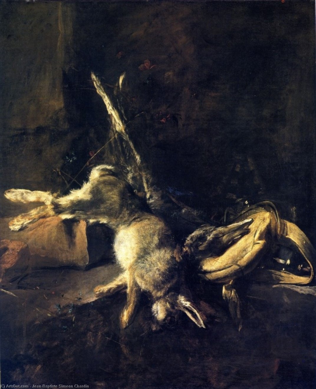 Wikioo.org – La Enciclopedia de las Bellas Artes - Pintura, Obras de arte de Jean-Baptiste Simeon Chardin - dos conejos  enestado  juego  bolso  asícomo  en polvo  matraz