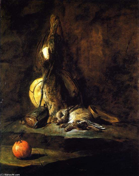 Wikioo.org – L'Enciclopedia delle Belle Arti - Pittura, Opere di Jean-Baptiste Simeon Chardin - Due conigli con il sacchetto del gioco, Polvere Flask e Orange