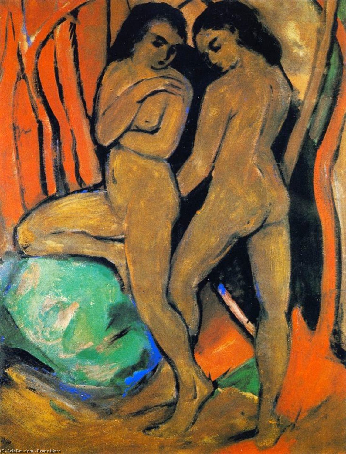 Wikioo.org - The Encyclopedia of Fine Arts - Painting, Artwork by Franz Marc - Two Standing Nudes with Green Rock
