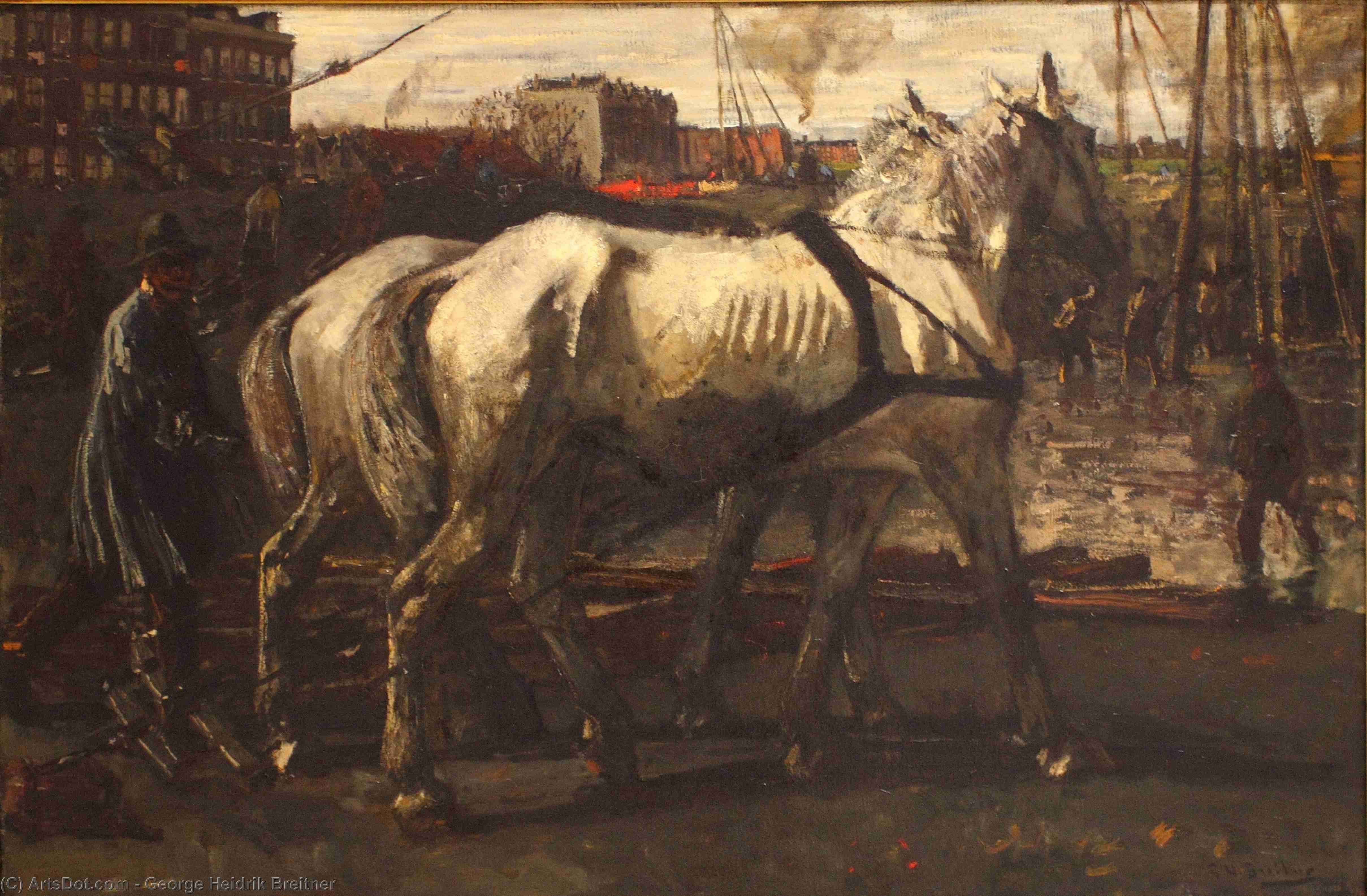 Wikioo.org - The Encyclopedia of Fine Arts - Painting, Artwork by George Hendrik Breitner - Two White Horses Pulling Posts in Amsterdam