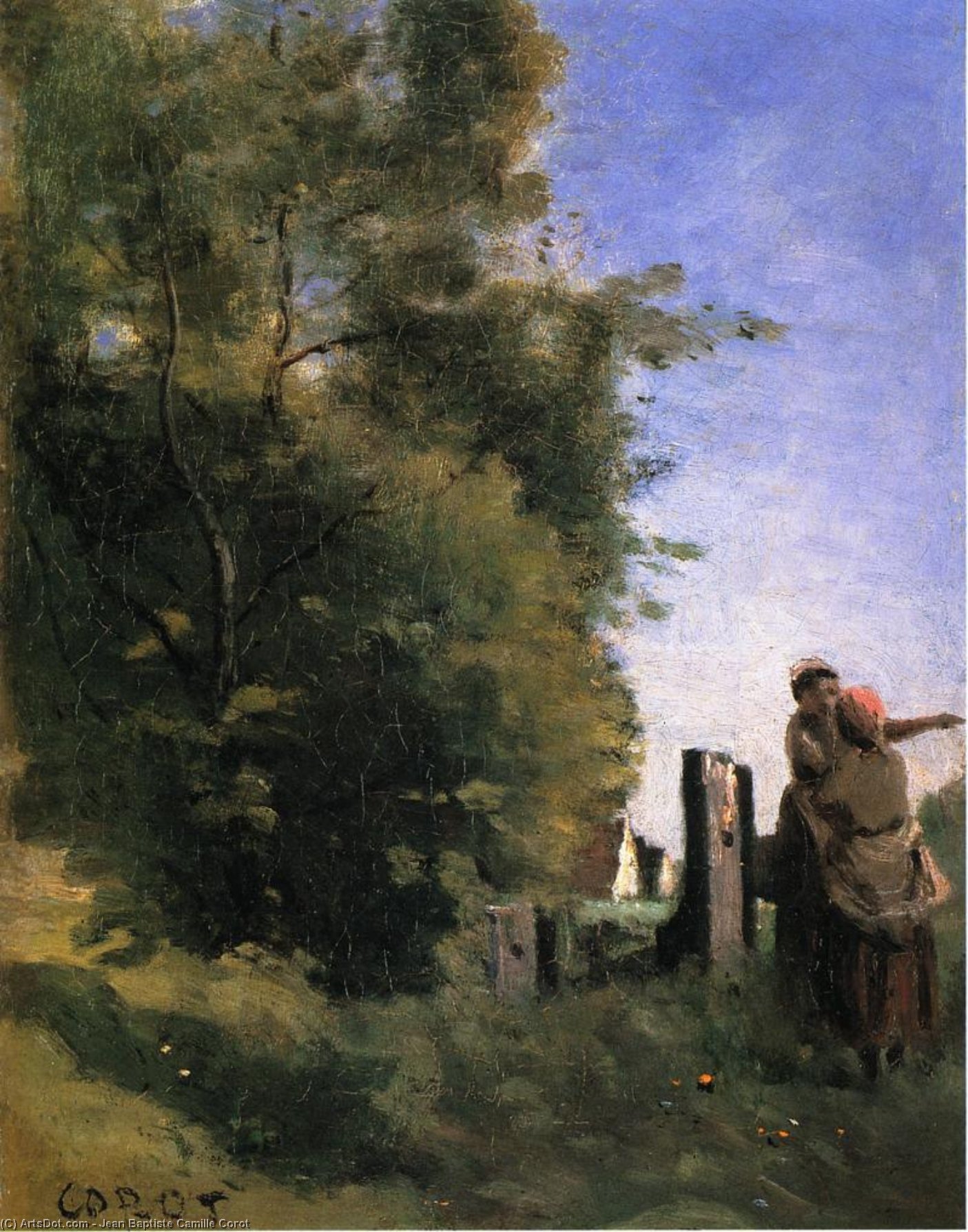 Wikoo.org - موسوعة الفنون الجميلة - اللوحة، العمل الفني Jean Baptiste Camille Corot - Two Women Talking by a Gate