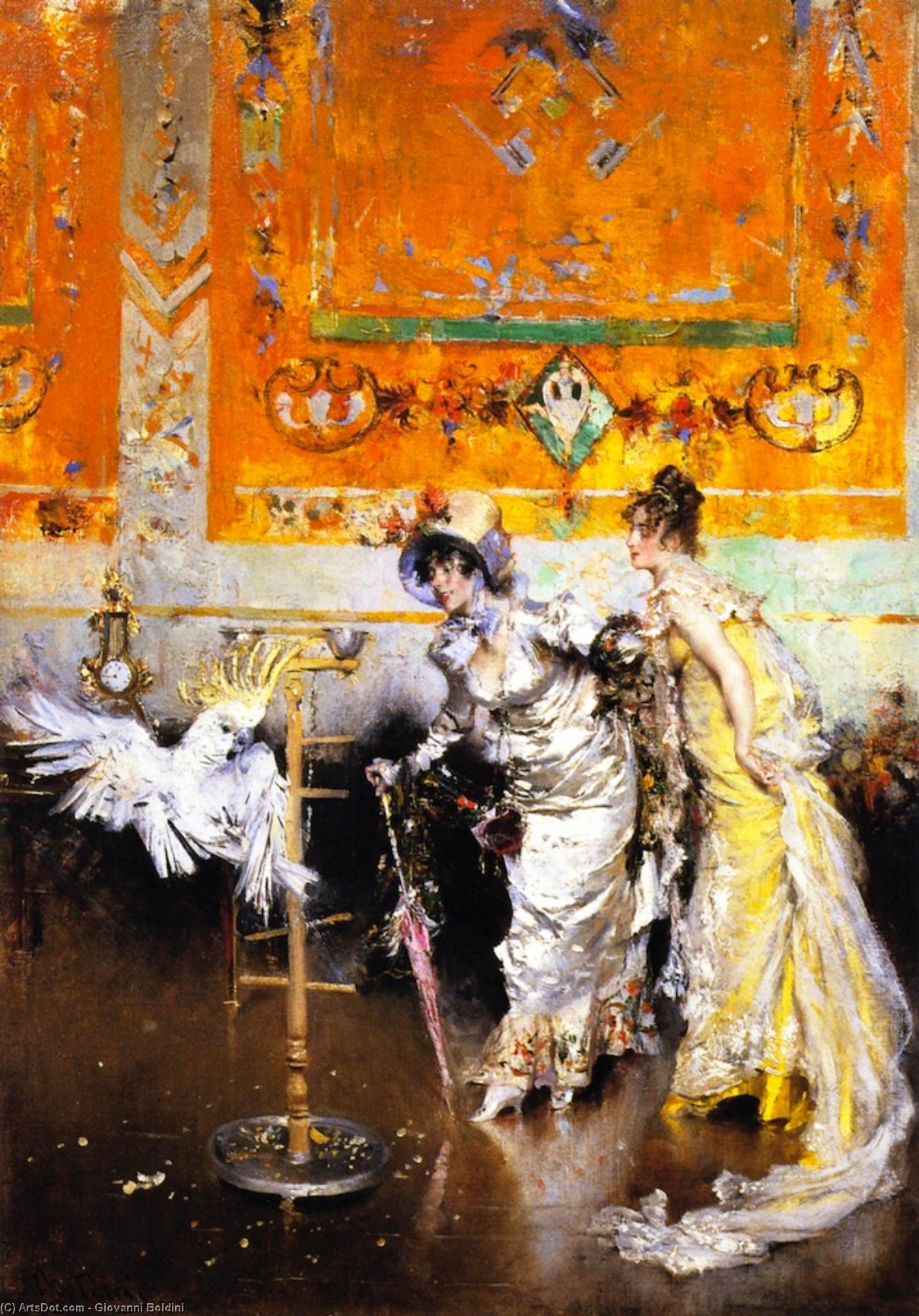 Wikioo.org - The Encyclopedia of Fine Arts - Painting, Artwork by Giovanni Boldini - Two Women with a Parrot (also known as Teasing the Parrot)
