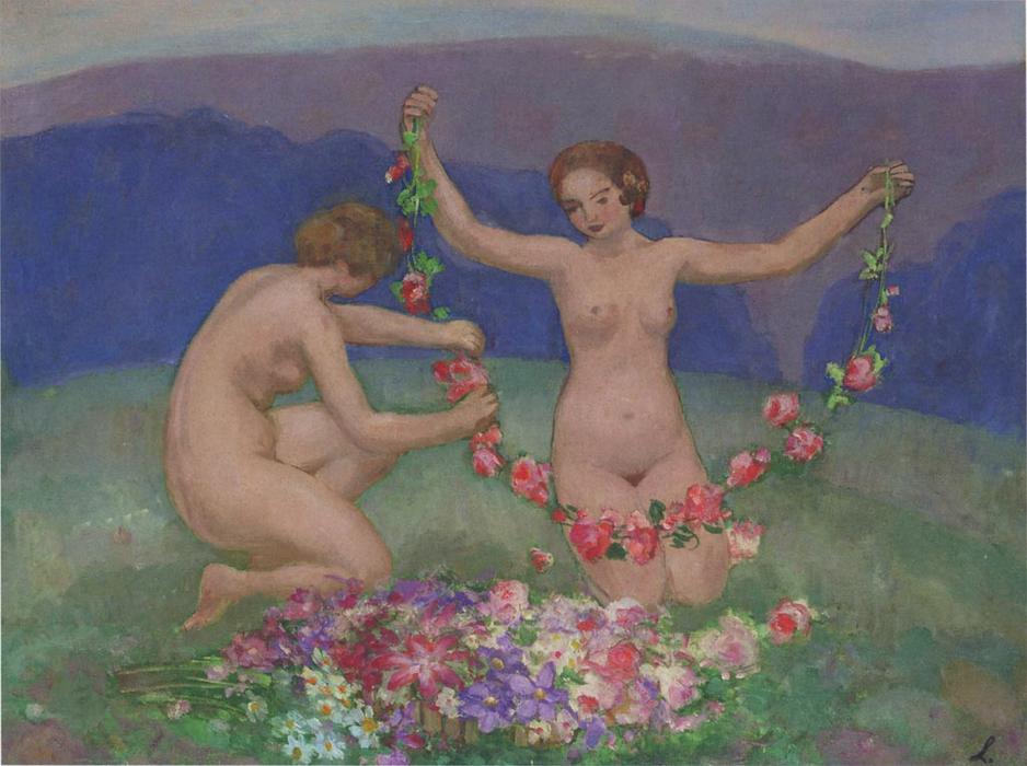 WikiOO.org - Enciclopedia of Fine Arts - Pictura, lucrări de artă Henri Lebasque - Two young girls with garlands