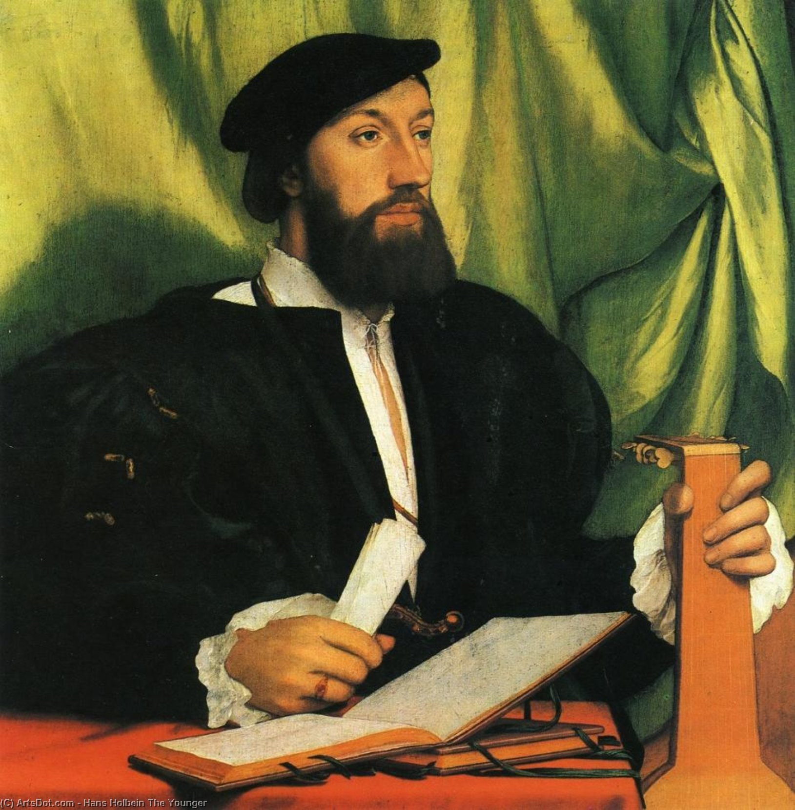 Wikioo.org – La Enciclopedia de las Bellas Artes - Pintura, Obras de arte de Hans Holbein The Younger - Desconocido Gengleman con música Libros asícomo Laúd