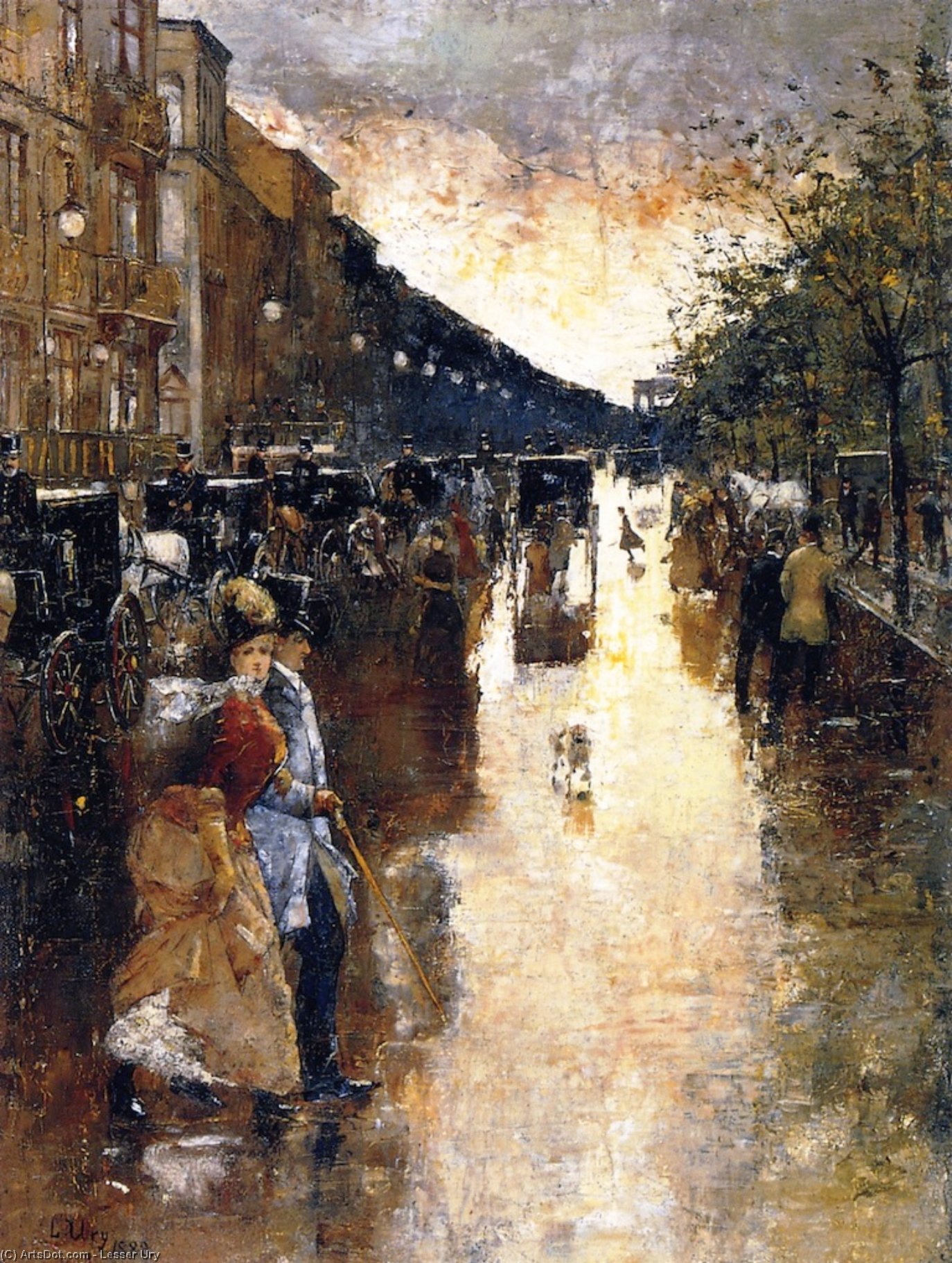 WikiOO.org - Encyclopedia of Fine Arts - Maleri, Artwork Lesser Ury - Unter den Linden after the Rain