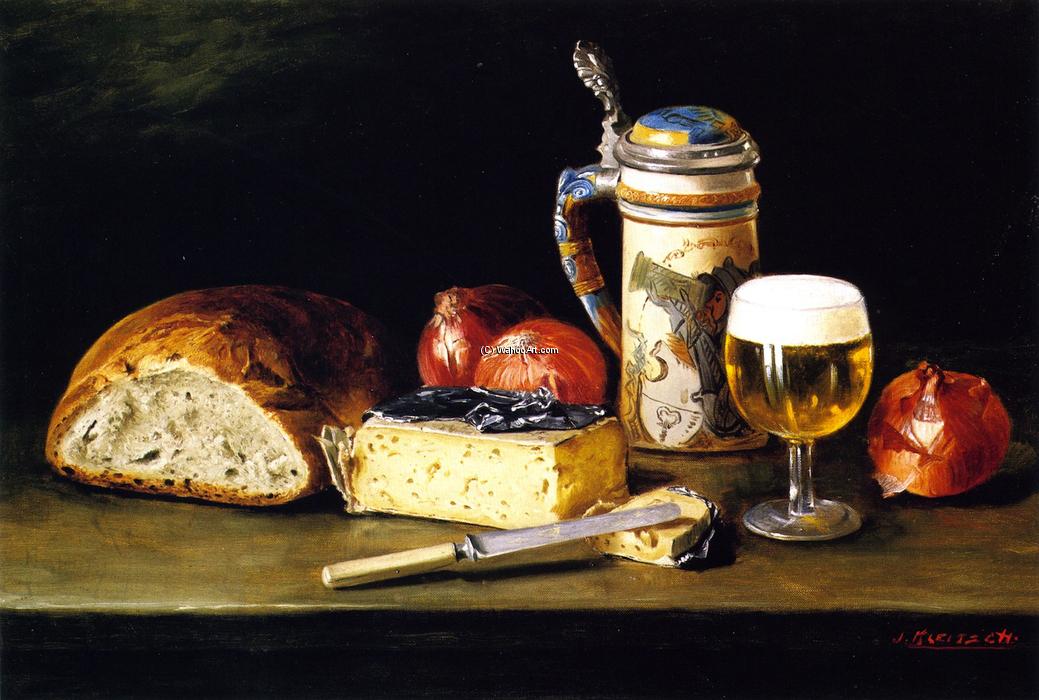 Wikioo.org - The Encyclopedia of Fine Arts - Painting, Artwork by Joseph Kleitsch - Untitled Still Life (also known as Cheese, Onions, Bread and Tankard)