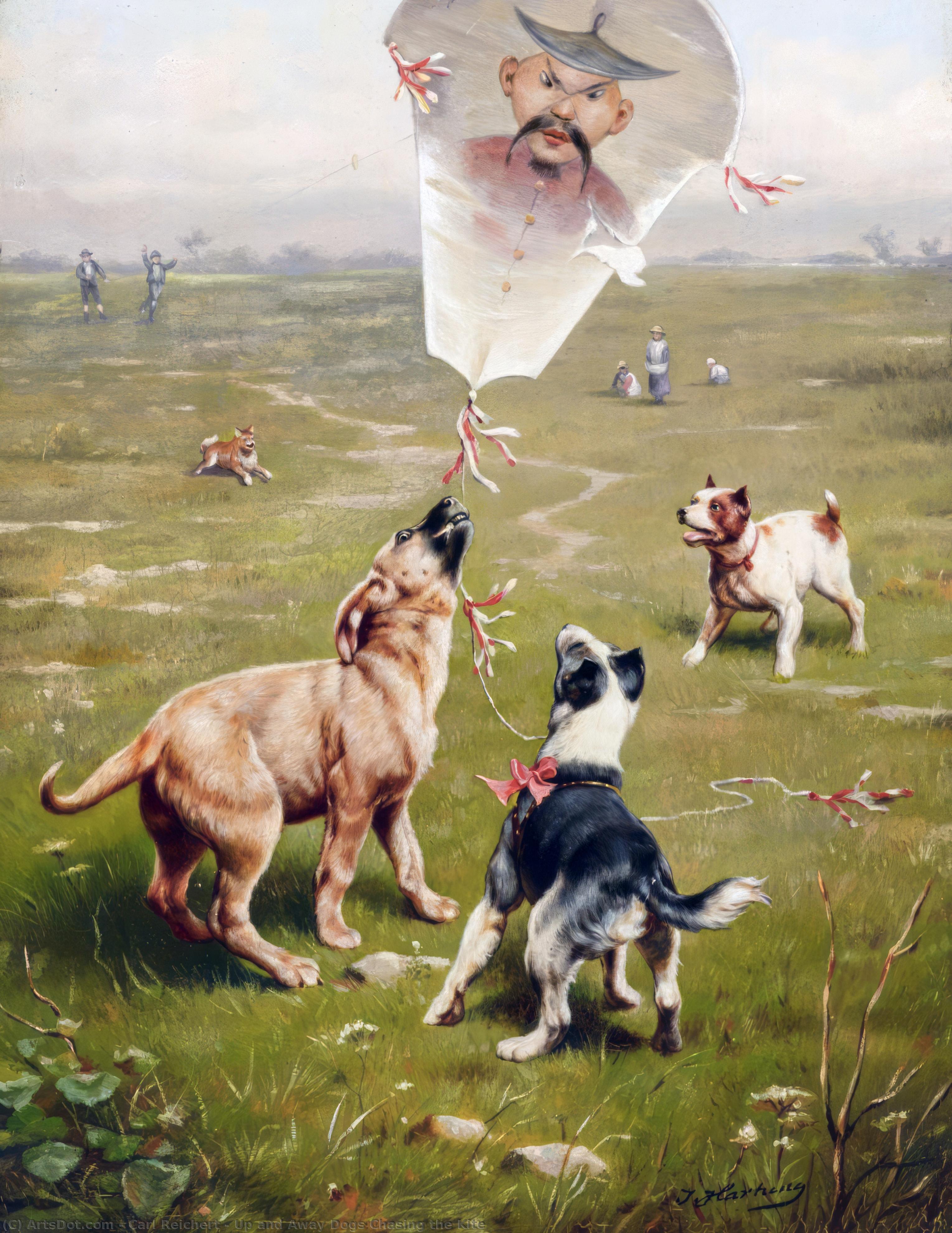 Wikioo.org - The Encyclopedia of Fine Arts - Painting, Artwork by Carl Reichert - Up and Away Dogs Chasing the Kite