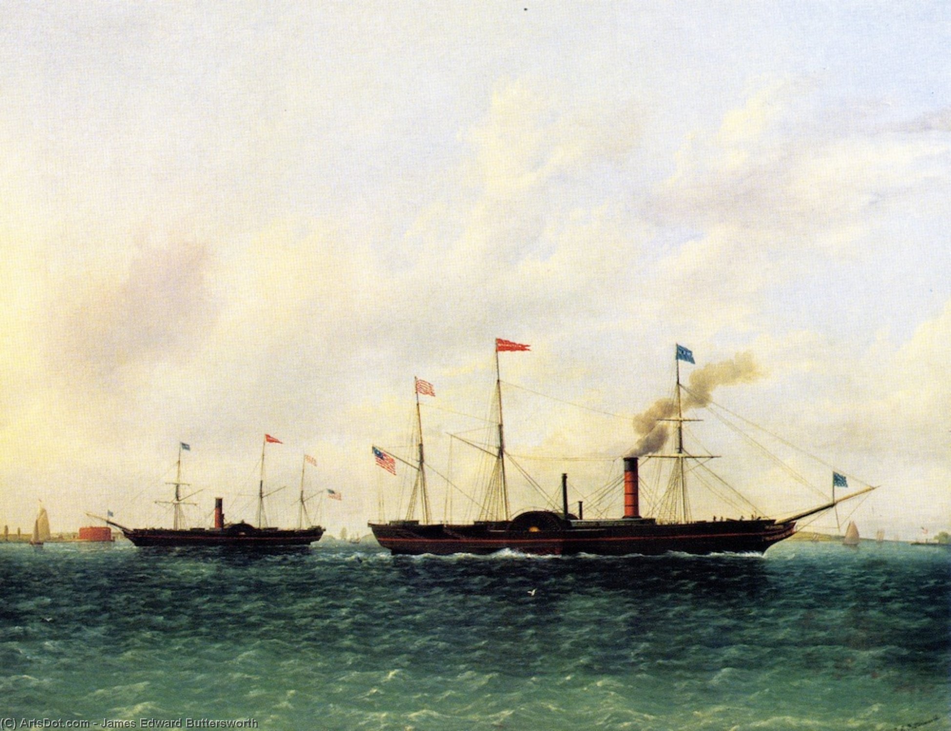 Wikioo.org - The Encyclopedia of Fine Arts - Painting, Artwork by James Edward Buttersworth - The U.S. Mail Steamship Washington'' Flying the Mail Flag Passing the ''Hermann'' off Governors Island''