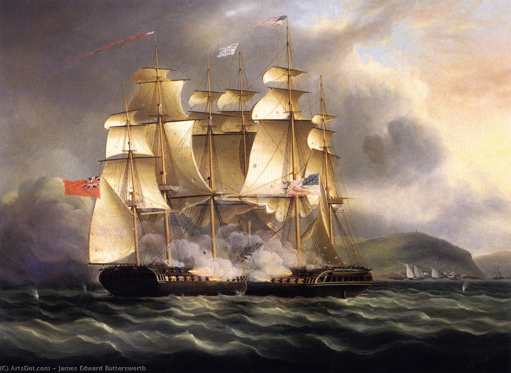 Wikioo.org - The Encyclopedia of Fine Arts - Painting, Artwork by James Edward Buttersworth - The U.S.S. Chesapeake'' and H.M.S. ''Shannon'' in the Battle of Boston''