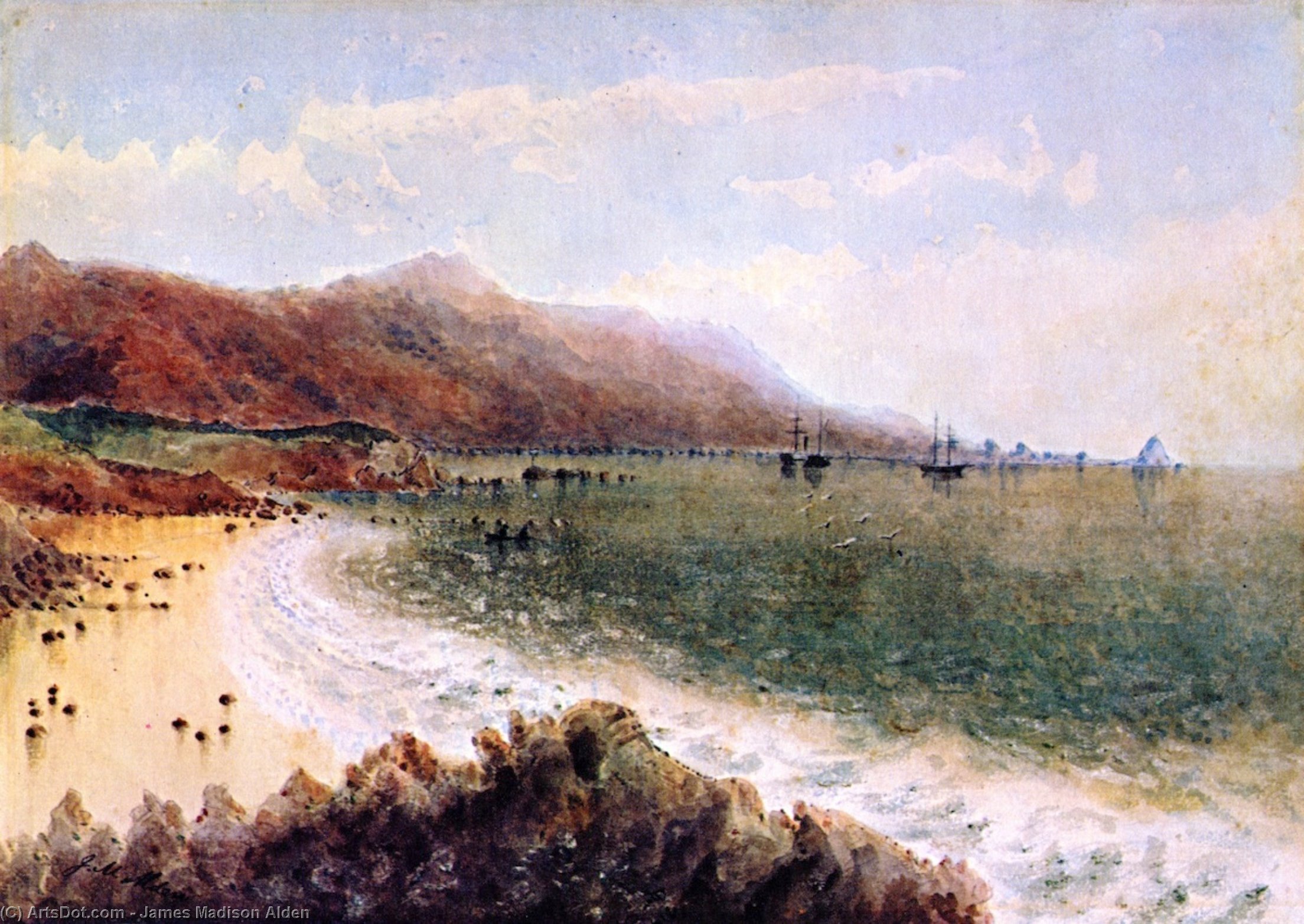 Wikioo.org - The Encyclopedia of Fine Arts - Painting, Artwork by James Madison Alden - U.S. Steamer Active and Schooner Ewing in Santa Barbara Channel