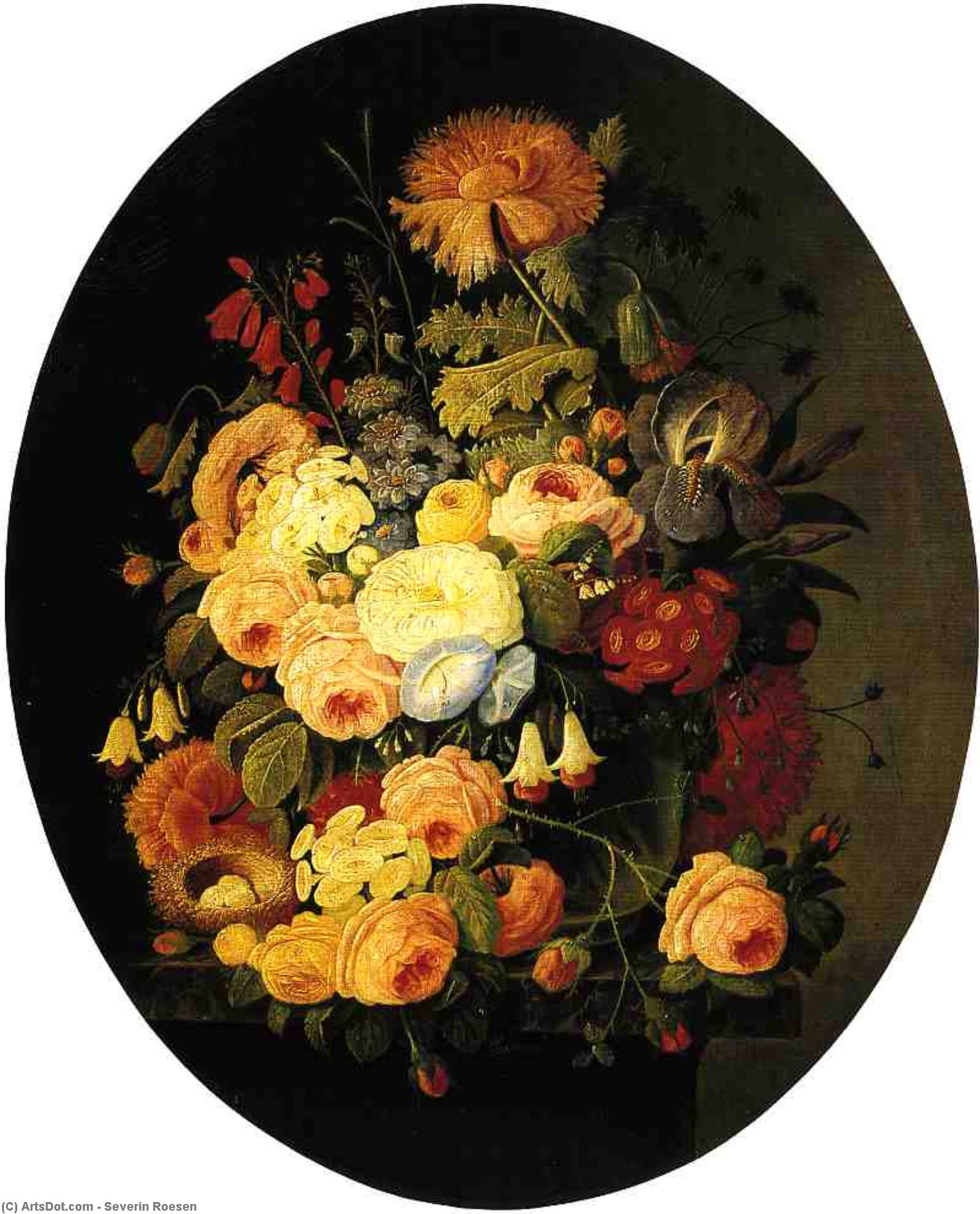 Wikioo.org – L'Enciclopedia delle Belle Arti - Pittura, Opere di Severin Roesen - vaso di fiori con  uccello nido