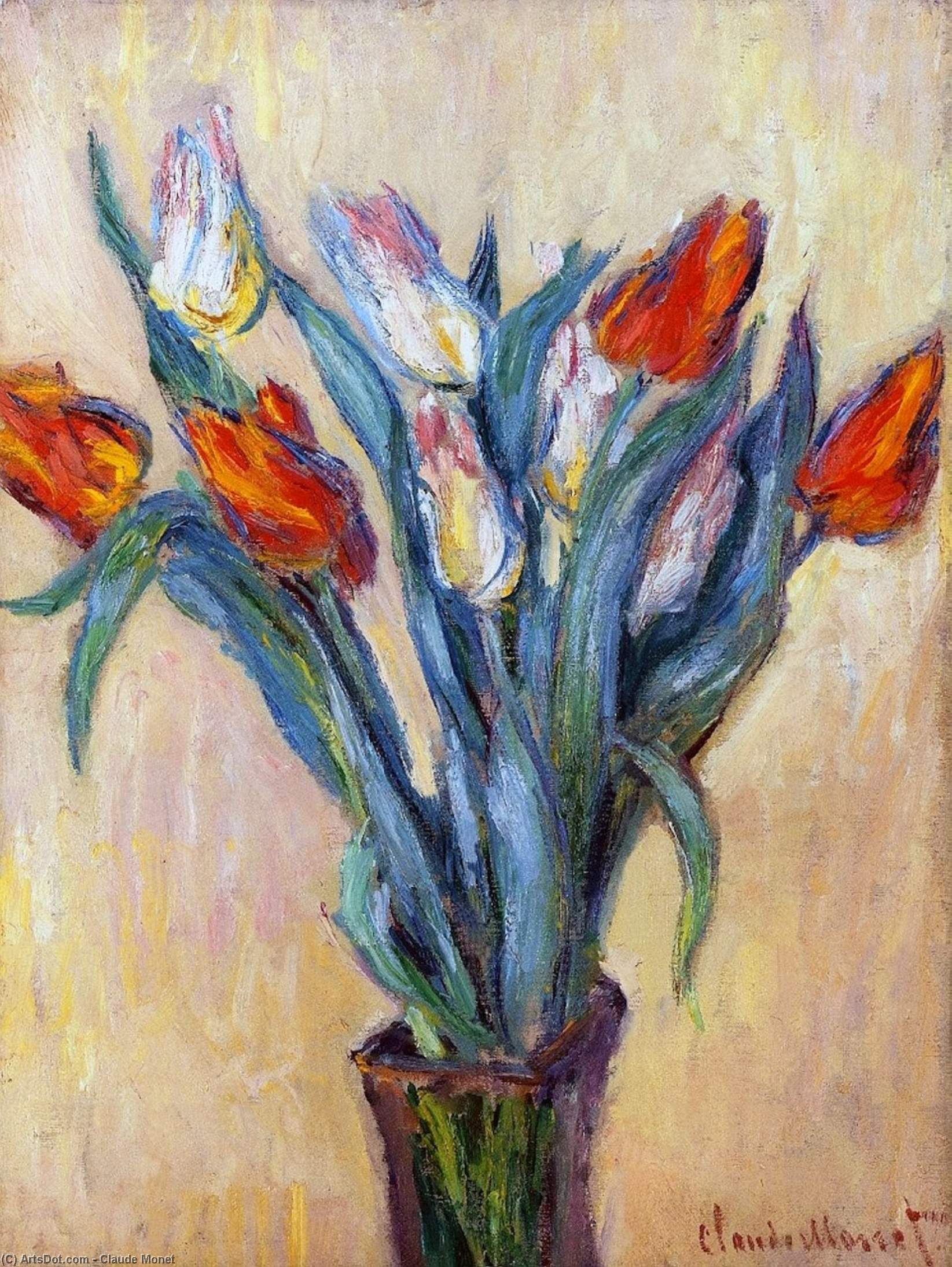 Wikoo.org - موسوعة الفنون الجميلة - اللوحة، العمل الفني Claude Monet - Vase of Tulips