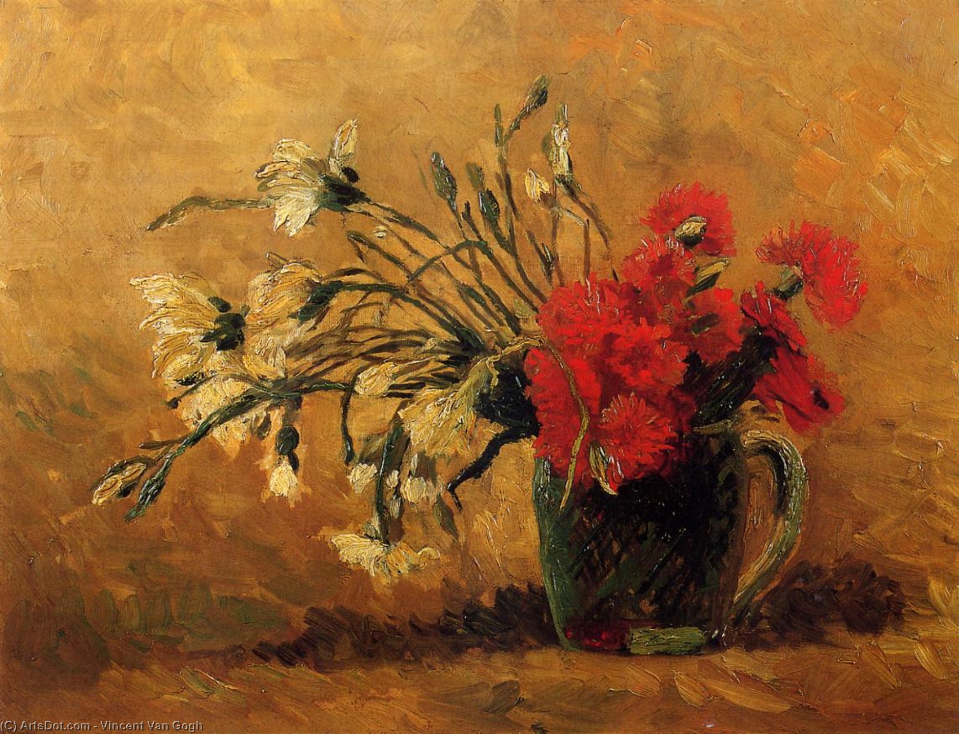 Wikioo.org - The Encyclopedia of Fine Arts - Painting, Artwork by Vincent Van Gogh - Vase with Red and White Carnations on a Yellow Background