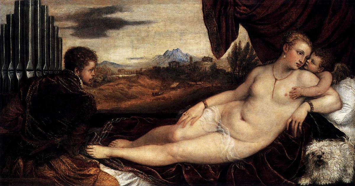 WikiOO.org - Enciclopédia das Belas Artes - Pintura, Arte por Tiziano Vecellio (Titian) - Venus and Cupid with an Organist